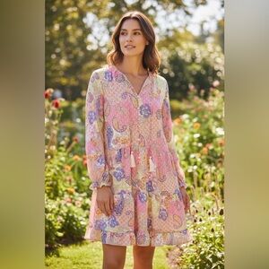 Grace + Karma Boho Paisley Print Tiered Dress Flowy Pastel Patchwork Large